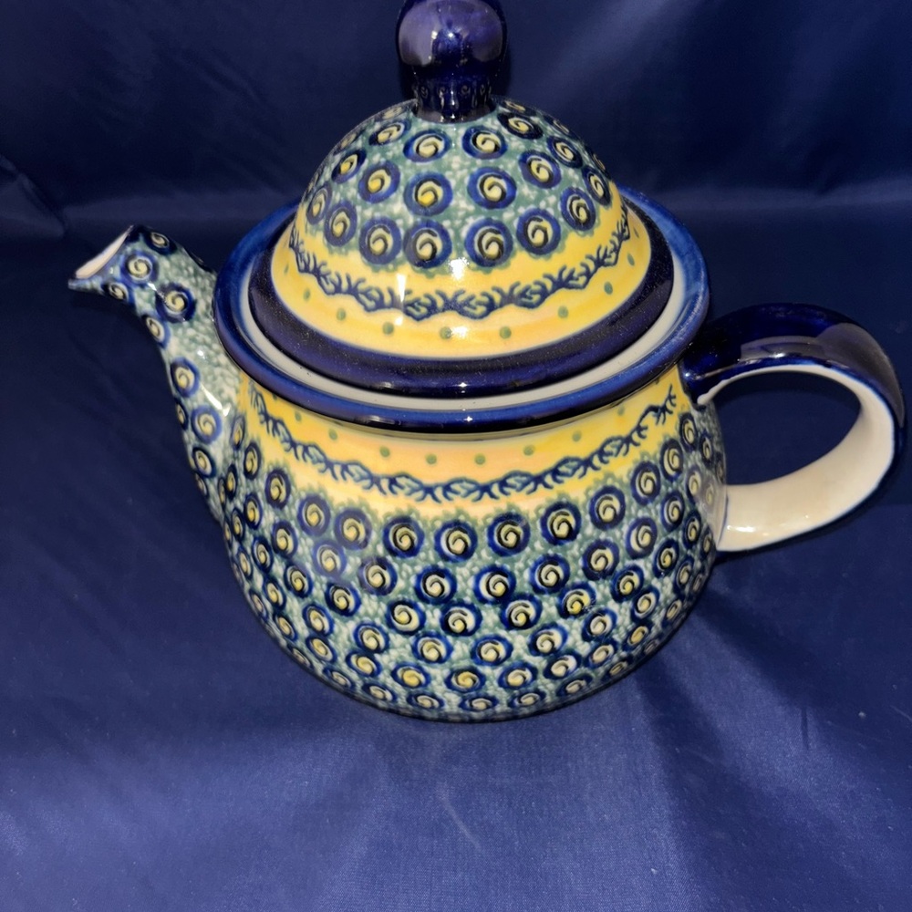 Artistic Blue and Yellow Polish Pottery Teapot